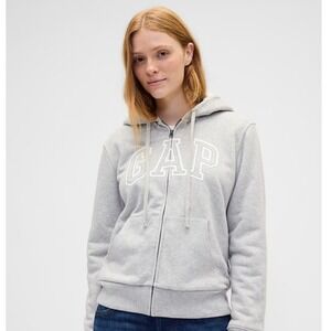GAP Sherpa Lined Zip Up Hoodie  Heathered Logo Embroidered Women's Large
